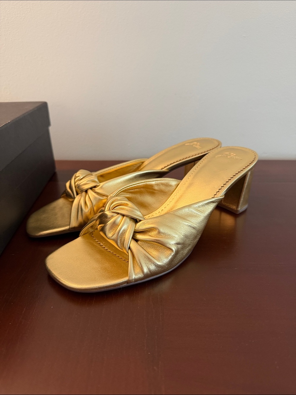 J. Crew Metallic Gold Knot Slide Block Heel Sandals